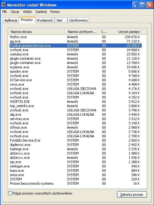 TolbarUbdaterService.exe - zużycie procesora.